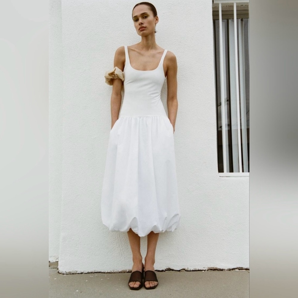 Zara White Balloon Mixed Midi Dress Size Small